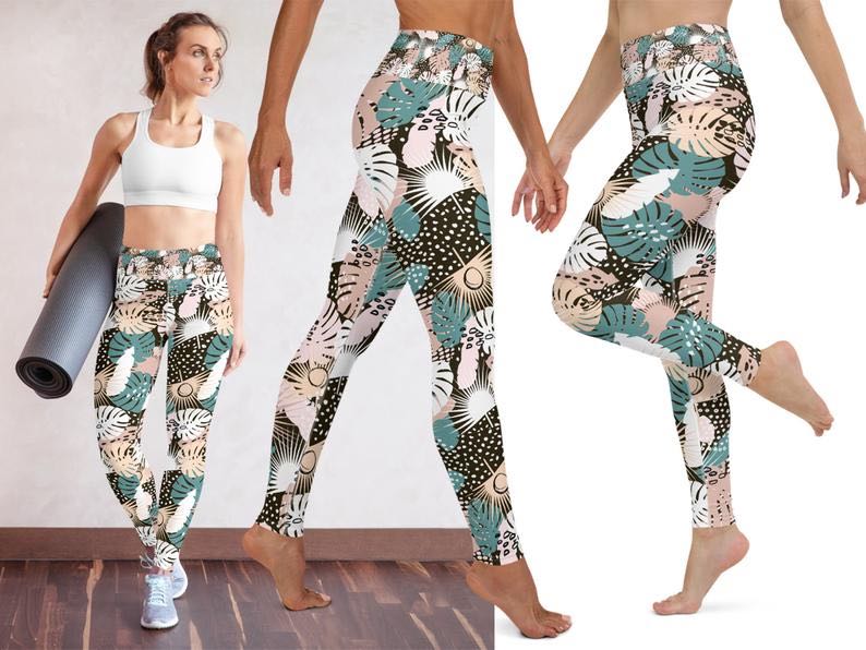 Women Floral Palm Tree Leaves Workout Pants