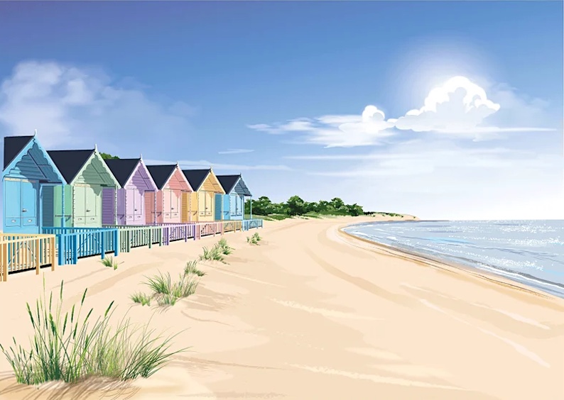Mersey Island Beach Huts (a beach painting) by Geraldine Burles