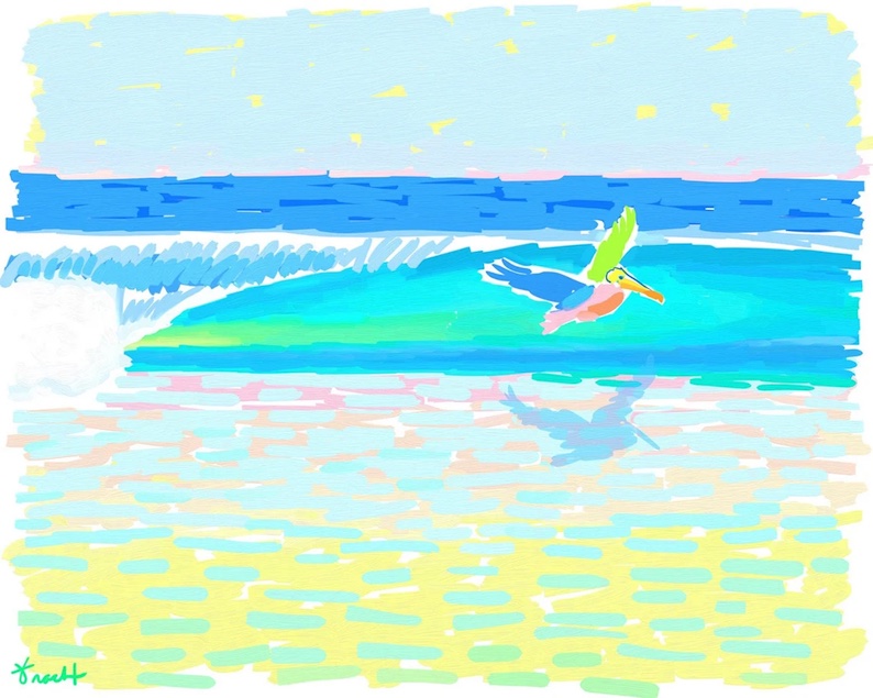 Pelican Surfing Ocean (a beach painting) by Kelly Tracht