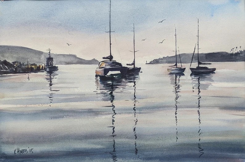 Newport Harbor Morning (a beach painting) by Ken Harris