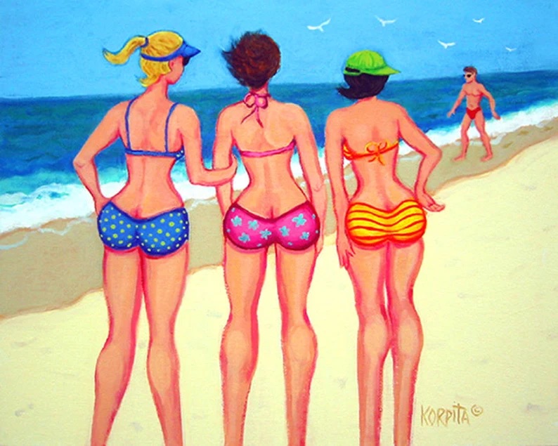 Girlfriends Patrol the Beach (a beach painting) by Rebecca Stringer Korpita