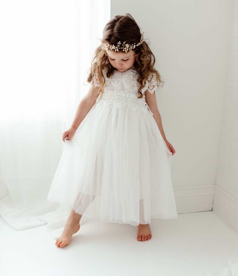 Long Sleeve Rustic Crochet Flower Girl Dress