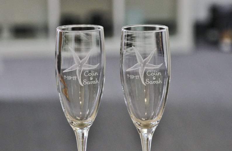 Personalized Set of Beach Wedding Champagne Flutes