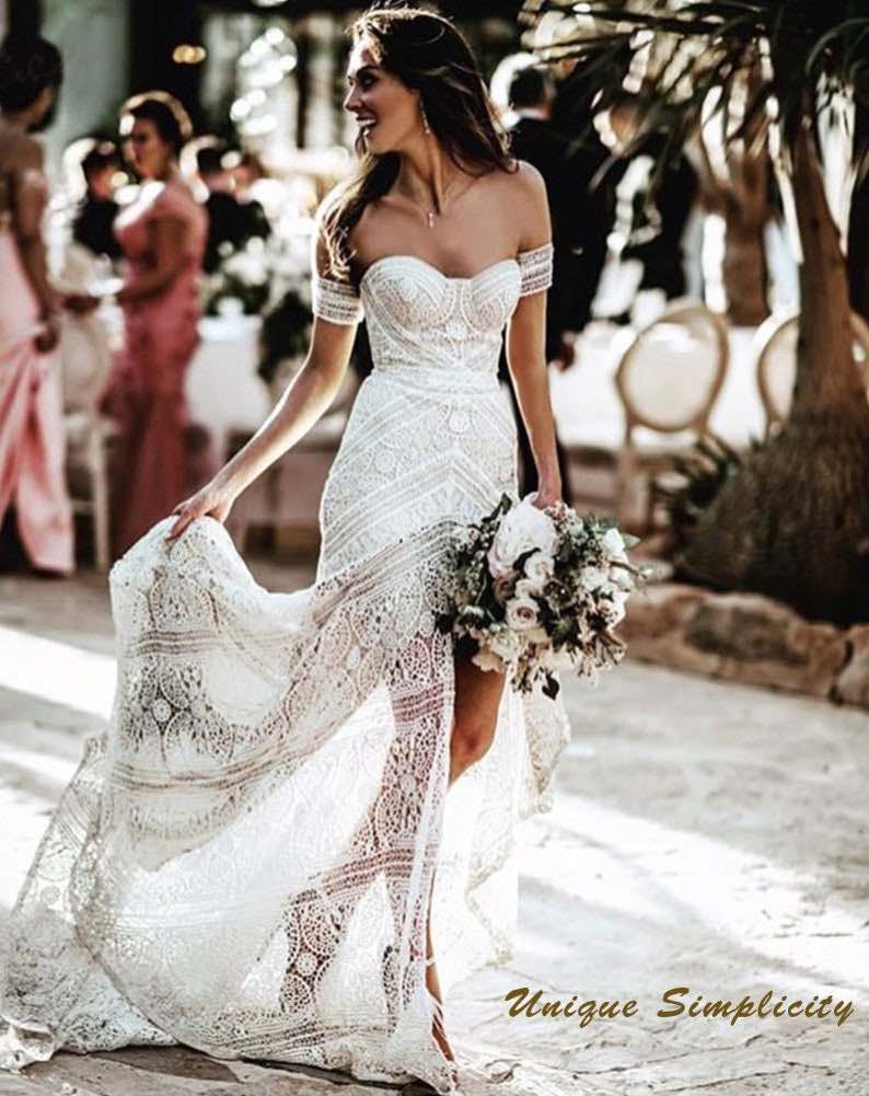 Sexy Boho White Lace Mermaid Wedding Dress