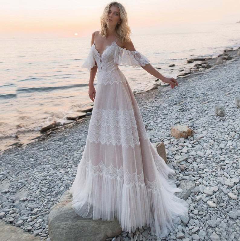 Spaghetti Strap Backless Lace Boho Wedding Dress