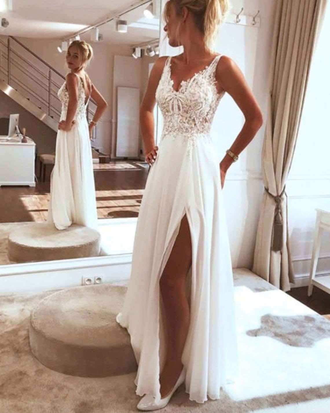 Boho Lace Beach Wedding Dress with Straps