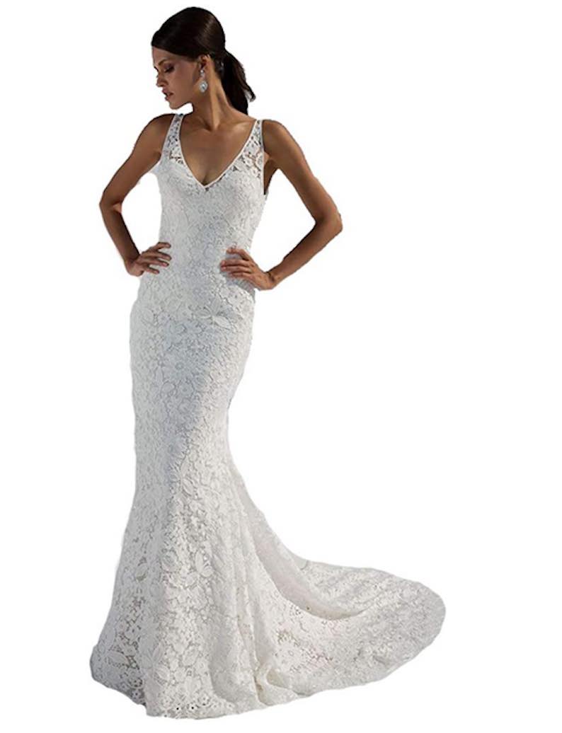 Double V-Neck Lace Beach Wedding Dress