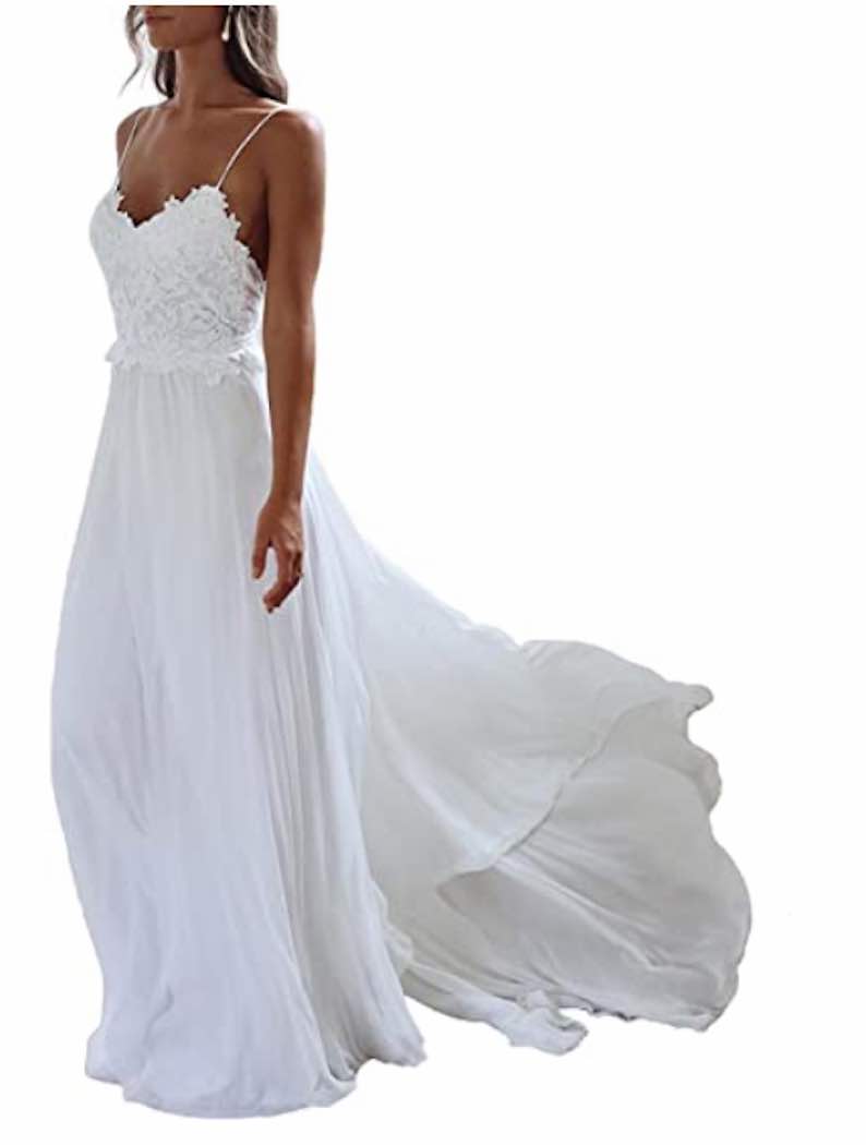 Backless Lace Bridal Gown Spaghetti Beach Wedding Dress