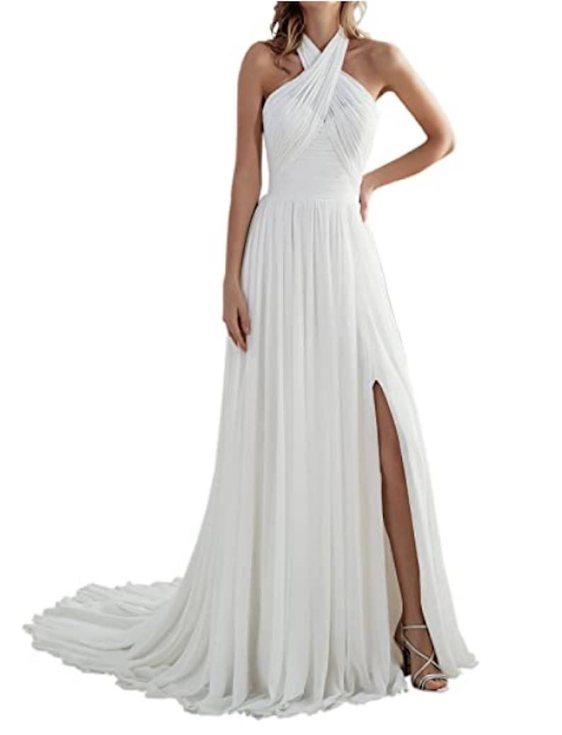 A Line Halter Open V Back Long Chiffon Beach Wedding Dress