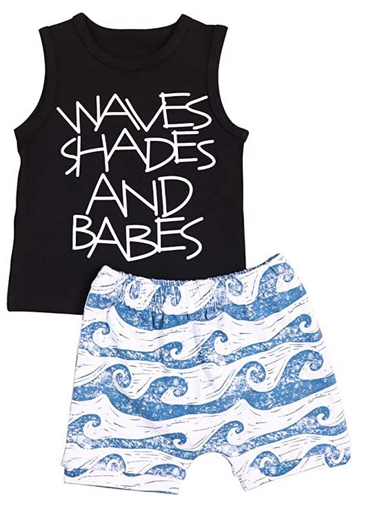Summer Black Sleeveless Tops and Wave Short Pants Outfits