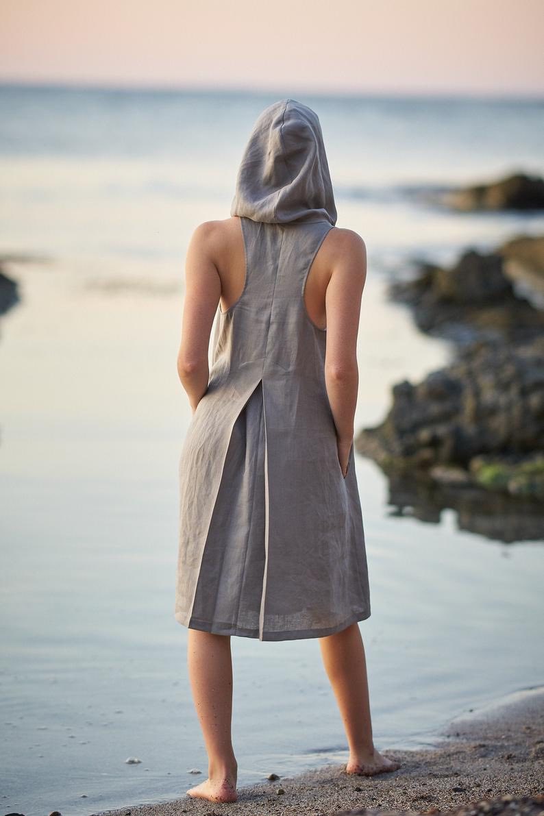 Linen Summer Dress, Hooded Tunic Dress by Visible Art