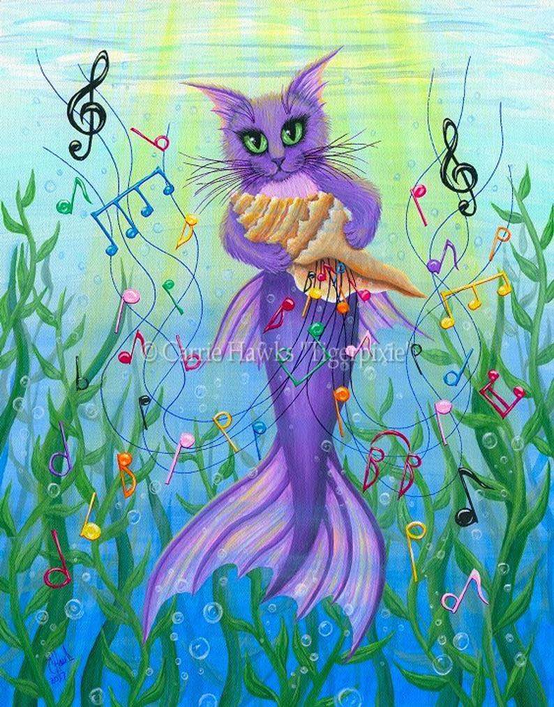 Cat Mermaid Art Sea Music Painting