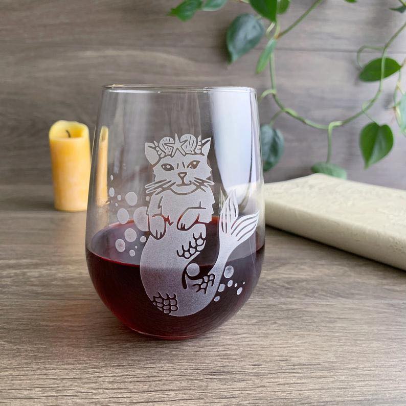 Mermaid Cat Stemless Wine Glass