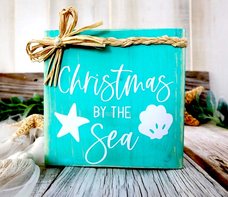 Christmas By The Sea Sign in Aqua Blue and White