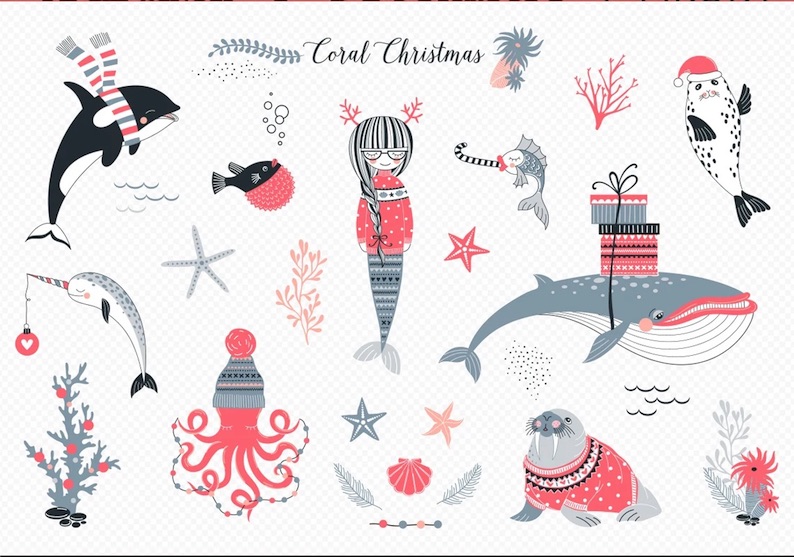 Christmas Mermaid and Other Holiday Sea Creatures Art Download