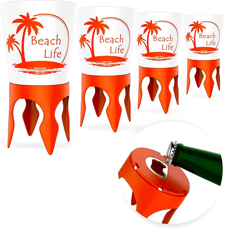 4 Beach Sand Cup Holders (with Bottle Opener!)