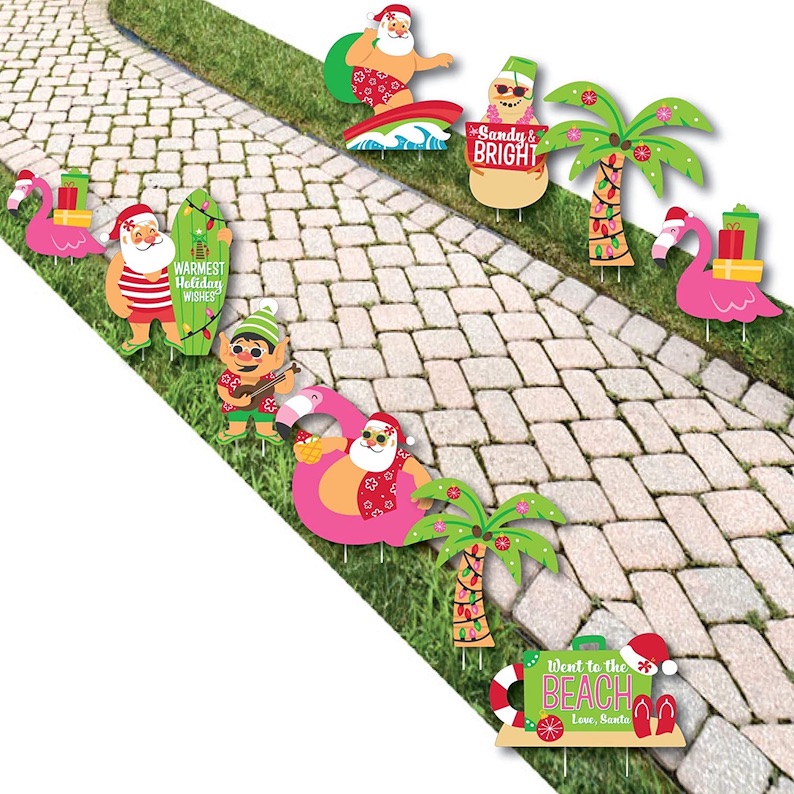 Tropical Christmas Santa, Palm Tree, Suitcase, Flamingo, Snowman and Elf Lawn Decorations