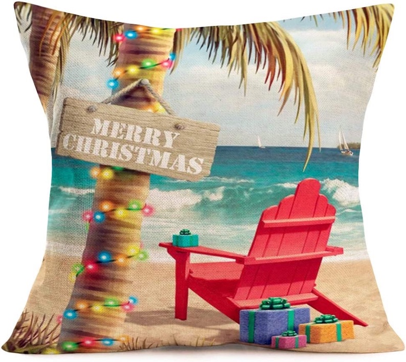 Merry Christmas Blue Ocean Beach Red Chair Decorative Throw Pillow Covers