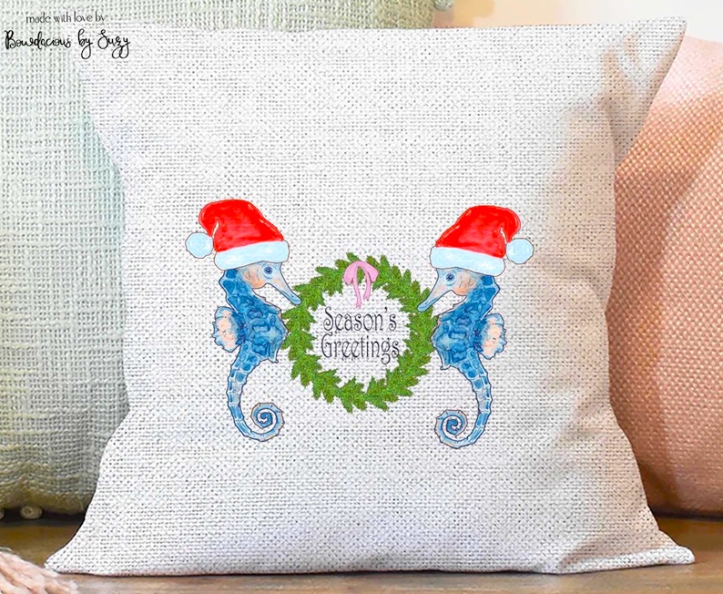 Seahorse Christmas - Coastal Christmas Pillow Cover