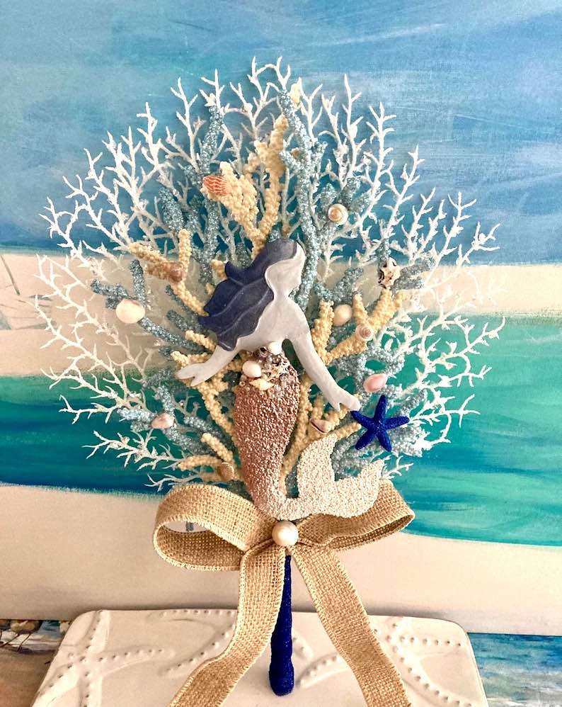 Ice Blue Starfish Tree Topper with Crushed Seashells Christmas Tree Topper  - Sea 2 Land Designs