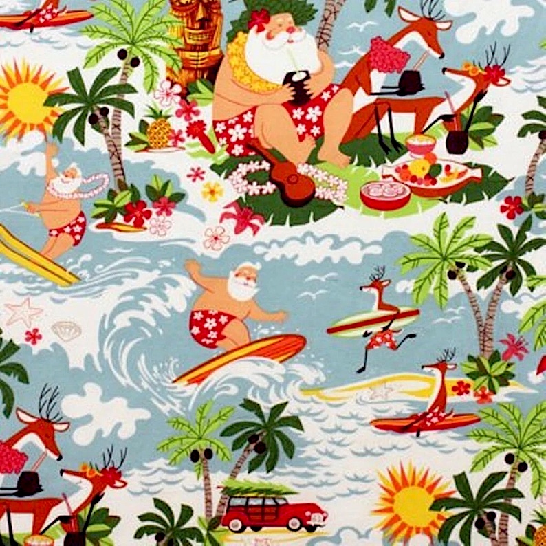 Surf's Up with Santa and Reindeer Cotton Fabric