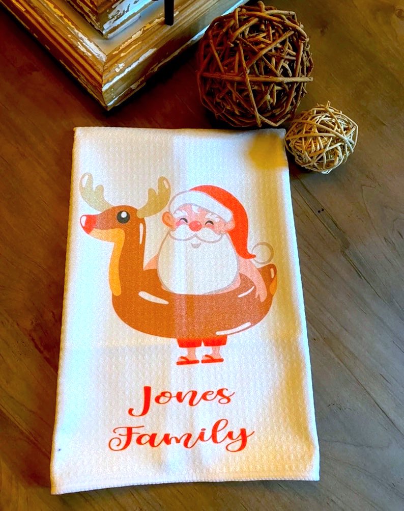 Beach Reindeer and Santa  White Kitchen Waffle Towel