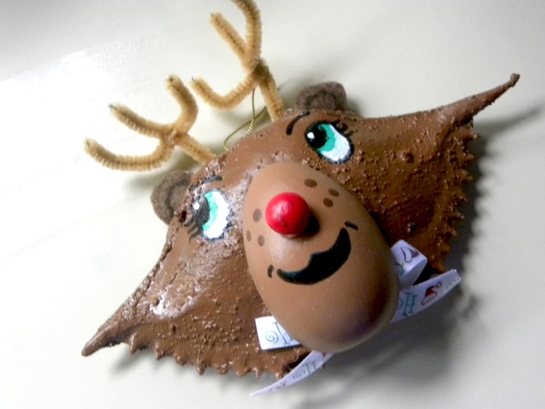 Rudolf The Red Nosed Raindeer with Fuzzy Antlers and Wood Nose Handpainted on a Maryland Crab shell Ornament