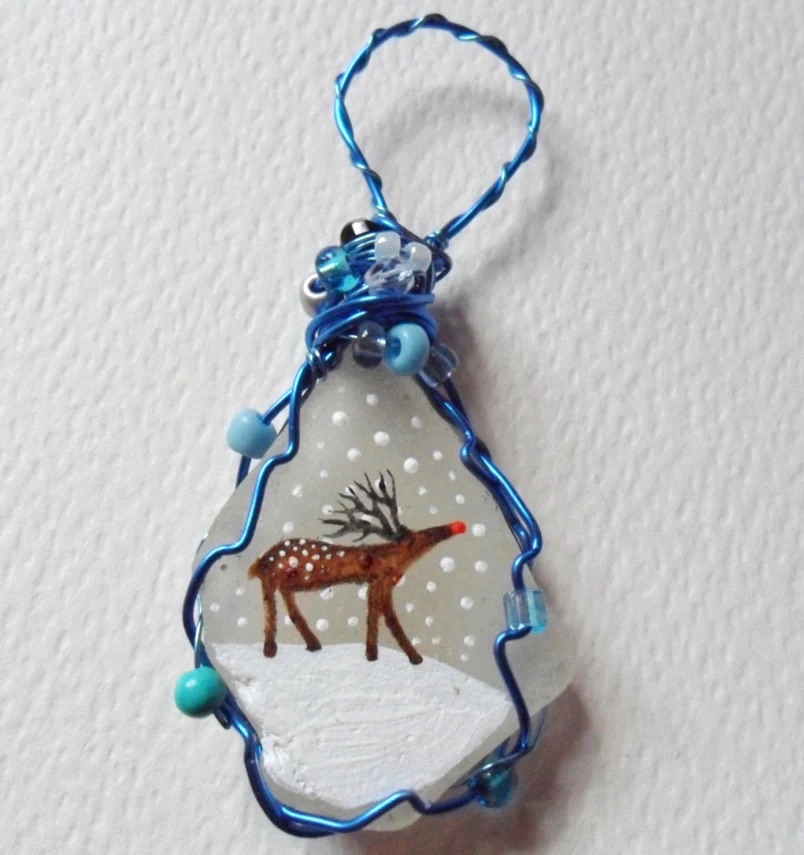 Baby Rudolph - Hand Painted on Sea Glass