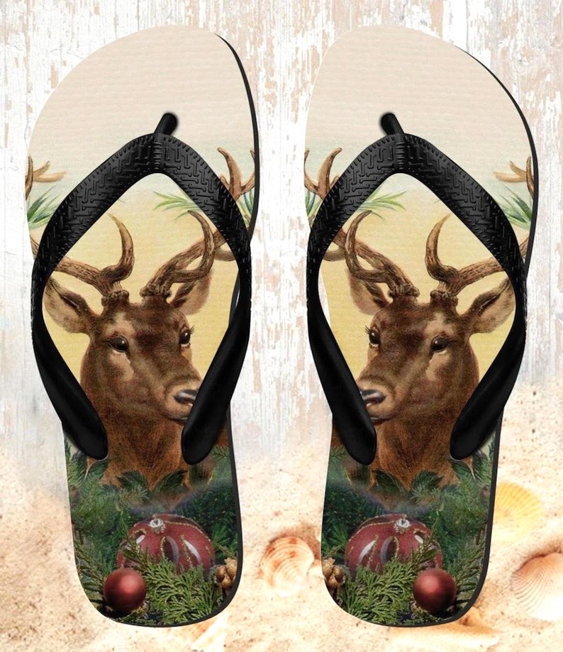 Retro Reindeer Christmas Beach Flip Flops