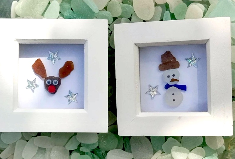 Christmas Seaglass Rudolph and Snowman