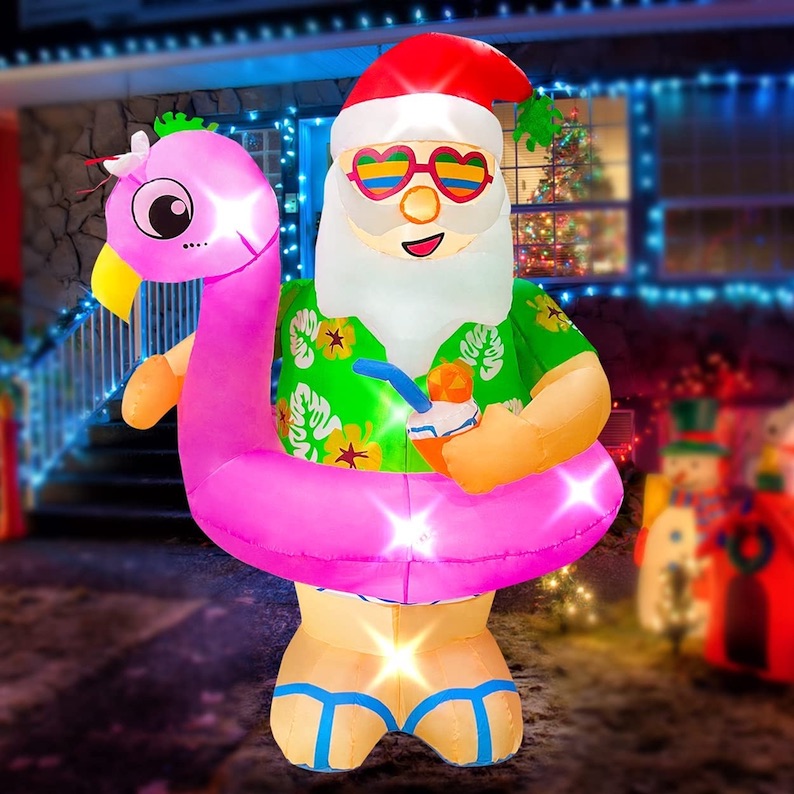 6-Foot Inflatable Hawaiian Santa with Flamingo Pool Float