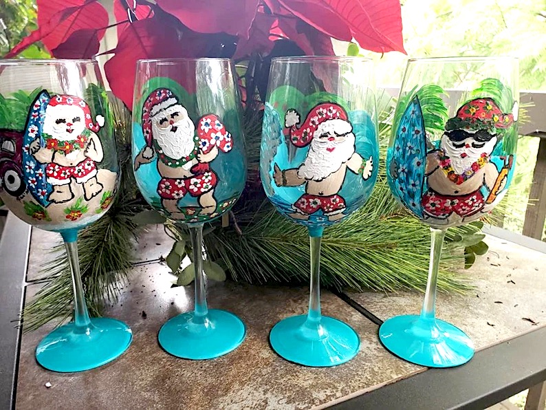 6 Hand Painted Surfing Santa Wine Glasses