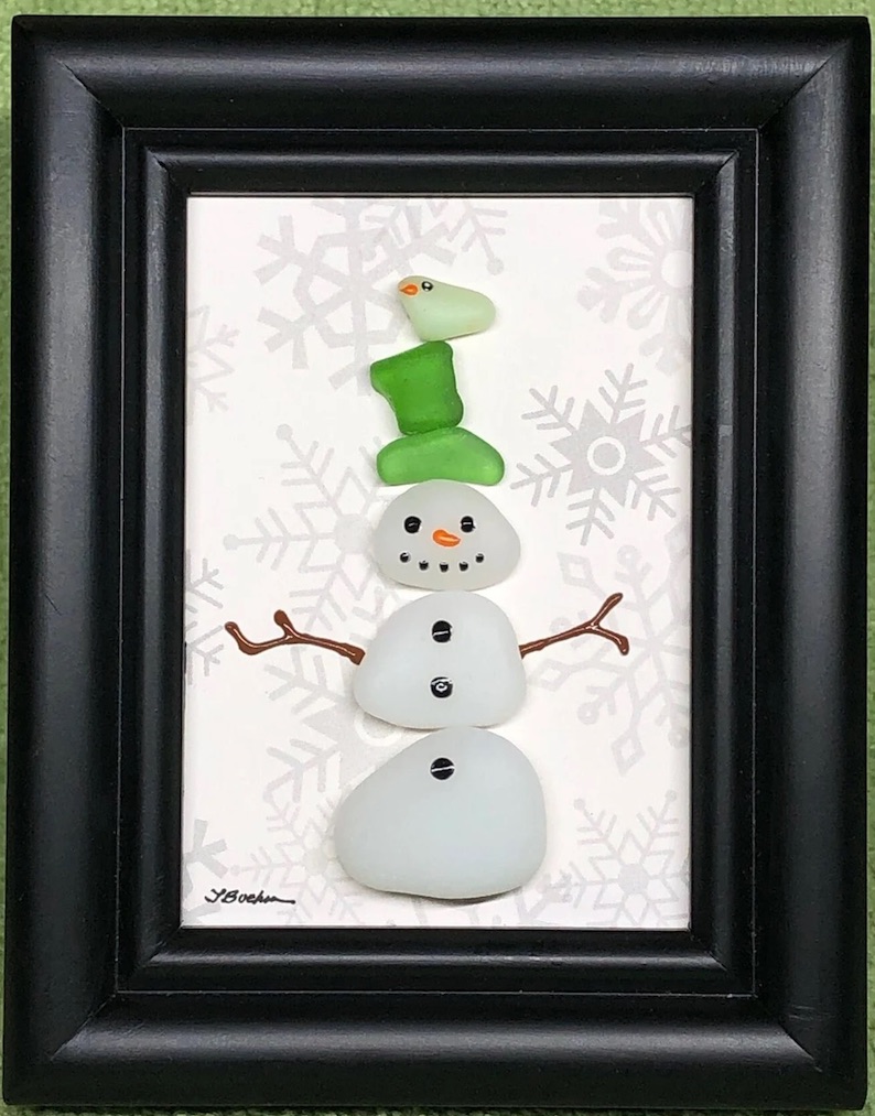 Framed Sea Glass Snowman