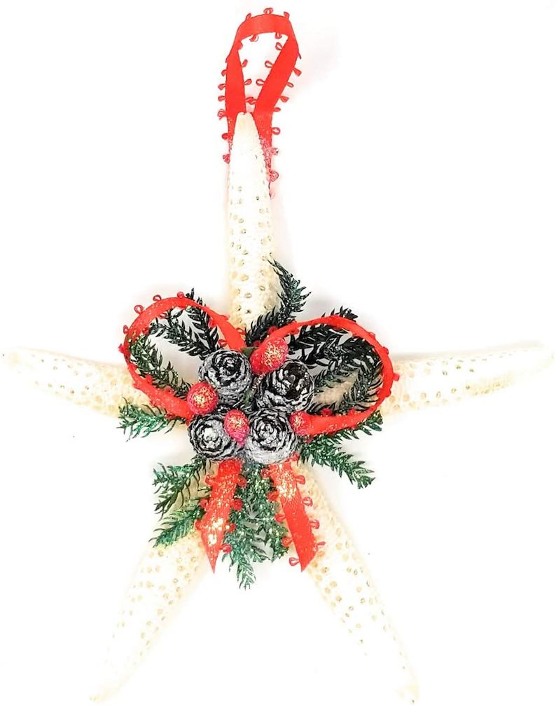 Happy Aloha Hawaiian White Finger Starfish Pinecone Coastal Christmas Ornament