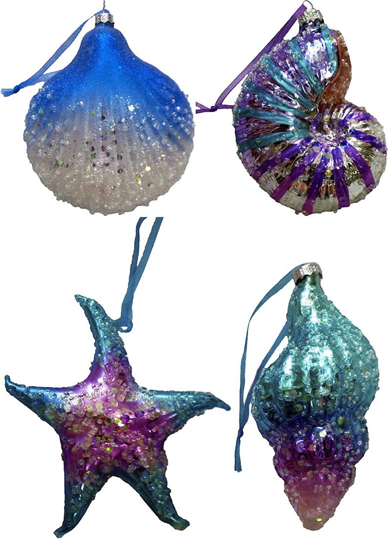 Blown Glass Shell Beach Christmas Ornaments – Set of 4 (Blue)