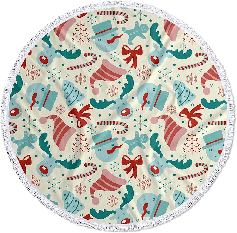Round Beach Towel with Snowman and Reindeer