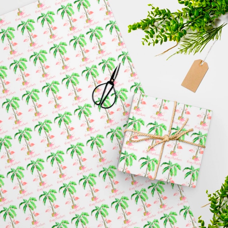 Flamingo and Palm Trees Coastal Christmas Wrapping Paper