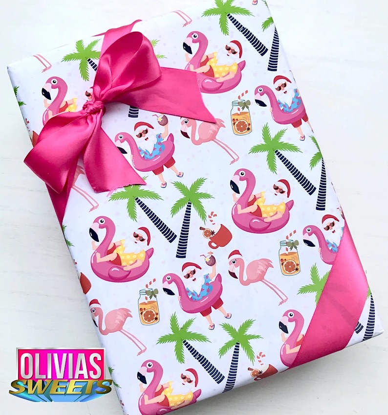 Santa on Flamingo Floatie Tropical Christmas Paper