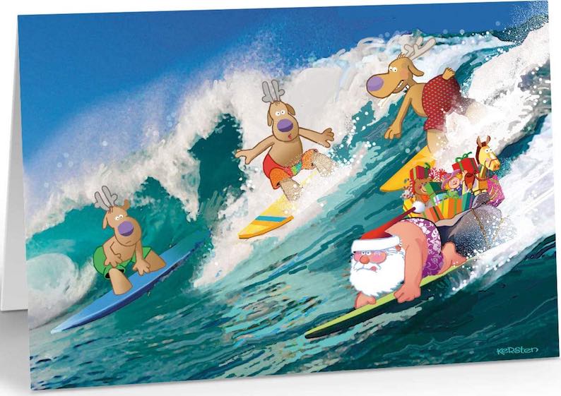 Santa & The Reindeer Surf a Big Wave (18 cards)