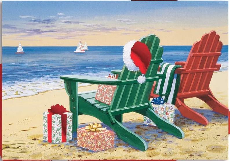 Red and Green Adirondack Chairs at the Beach (16 cards)