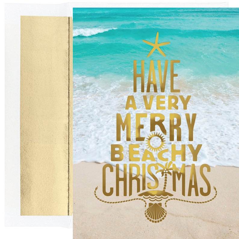 Merry Beachy Tropical Beach Themed Holiday Christmas Card (18 cards)
