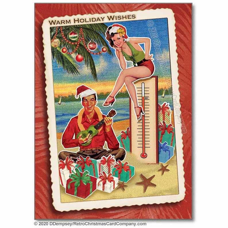 Retro Beach Couple Tropical Christmas Cards (8 cards)