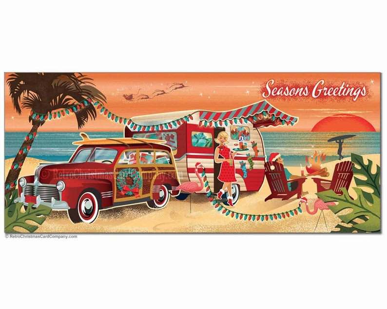 Vintage Beach Camper Christmas Cards, (8 cards)
