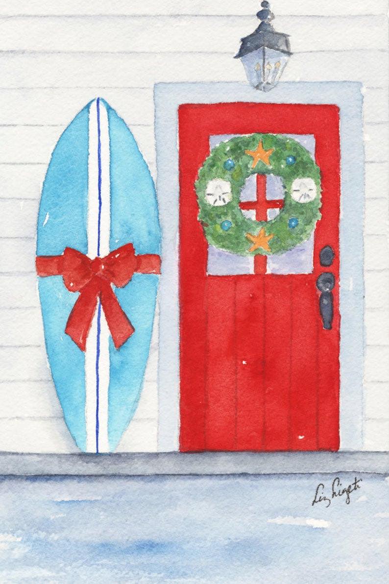 Surfboard Watercolor Holiday Greeting Card