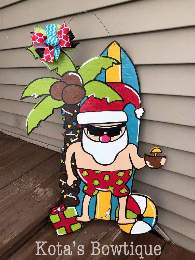 Hawaiian Santa, Beach Christmas Door Hanger