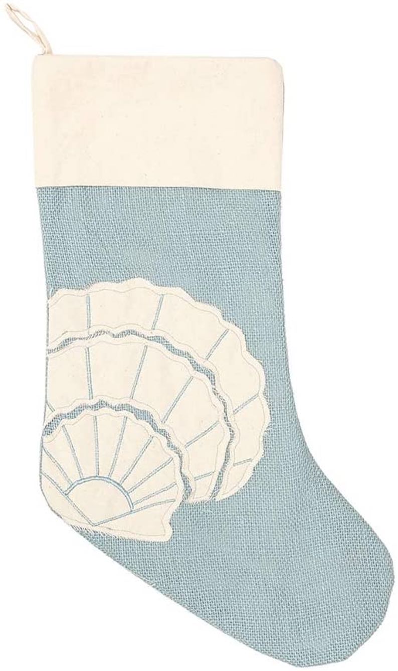 Nautical Blue Burlap with Scallop Shell Christmas Stocking