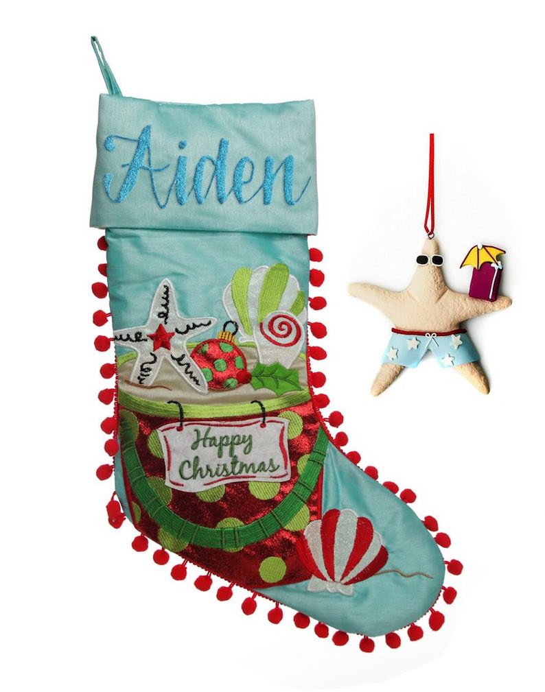 Personalised Beach Christmas Stocking and Decoration Pack