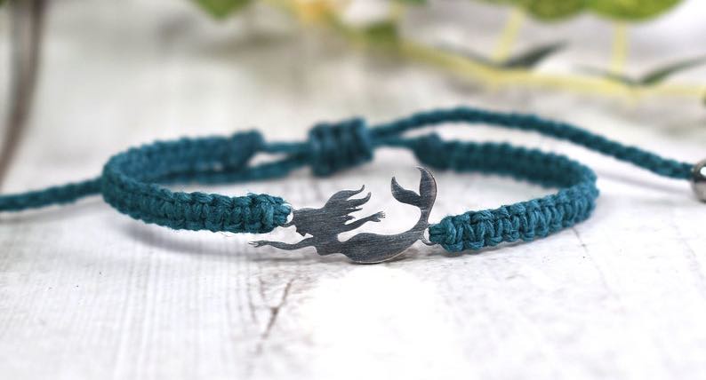 Mermaid Bracelet with Stainless Steel Charm and Adjustable Hemp Band