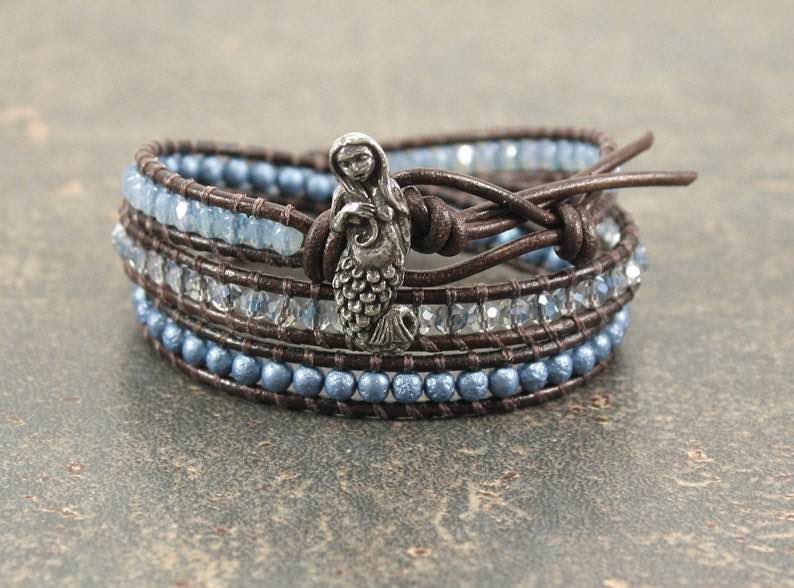 Blue Beaded Leather Mermaid Bracelet