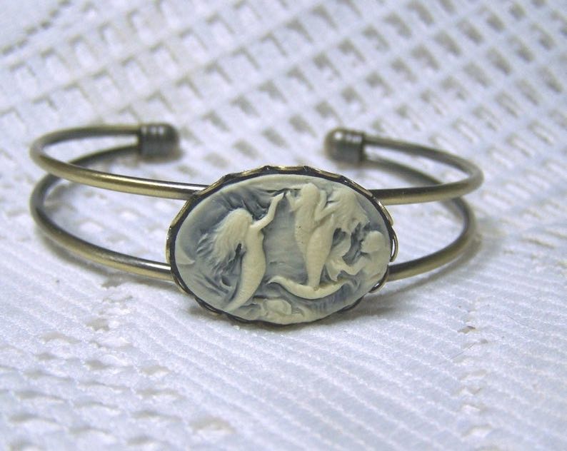 Antiqued Gold Cuff Mermaid Cameo Bracelet